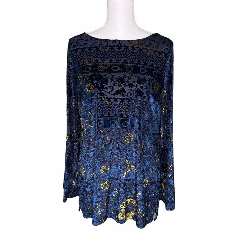 ECI New York Blue Burnout Velvet Bell Sleeve Tunic Top - large
